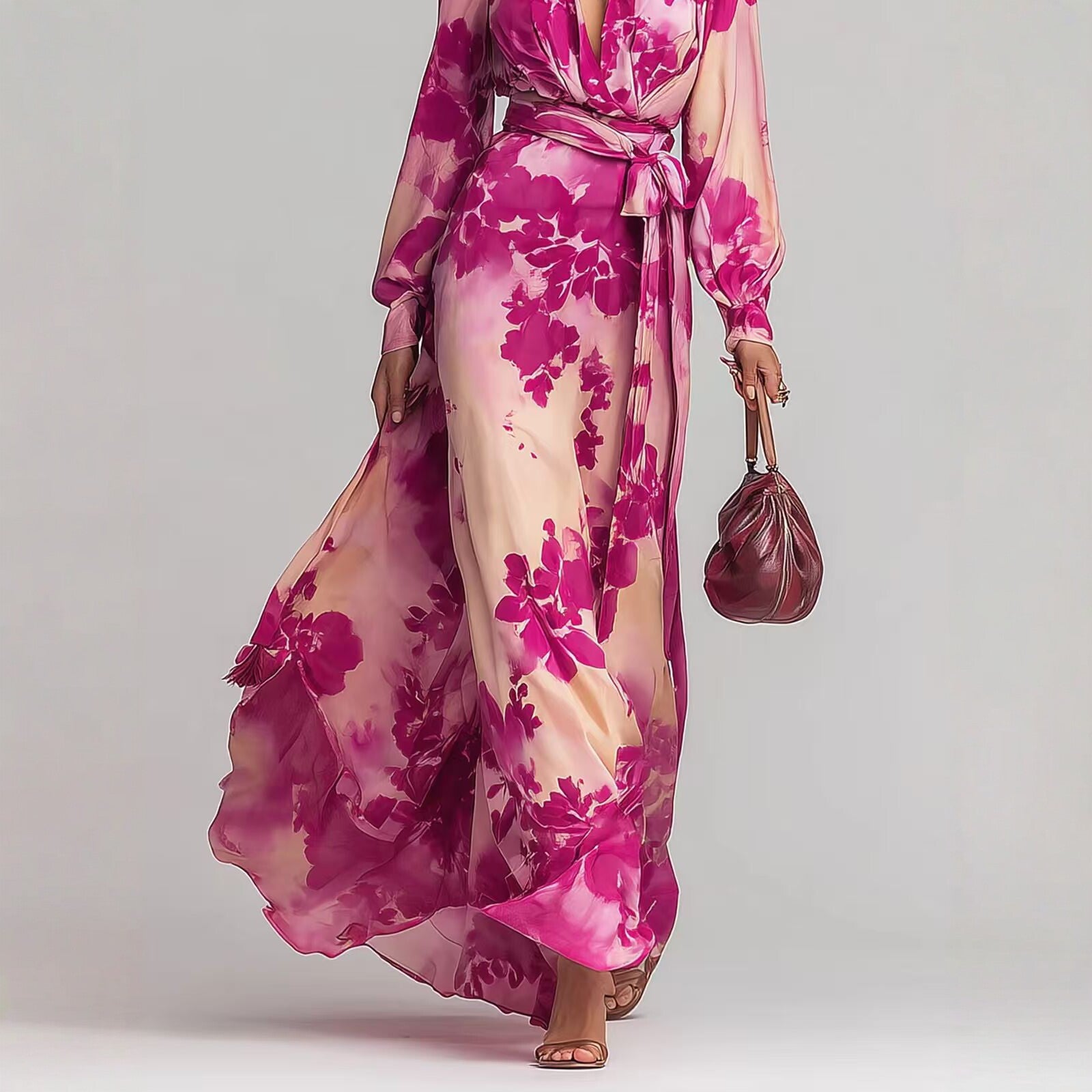 Printed Chiffon Long Sleeve V-Neck Tie-Up Dress Elegant Chic Spring New Long Dress