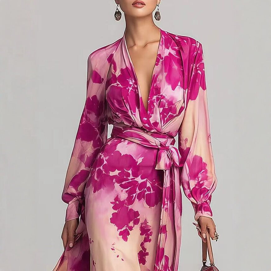 Printed Chiffon Long Sleeve V-Neck Tie-Up Dress Elegant Chic Spring New Long Dress