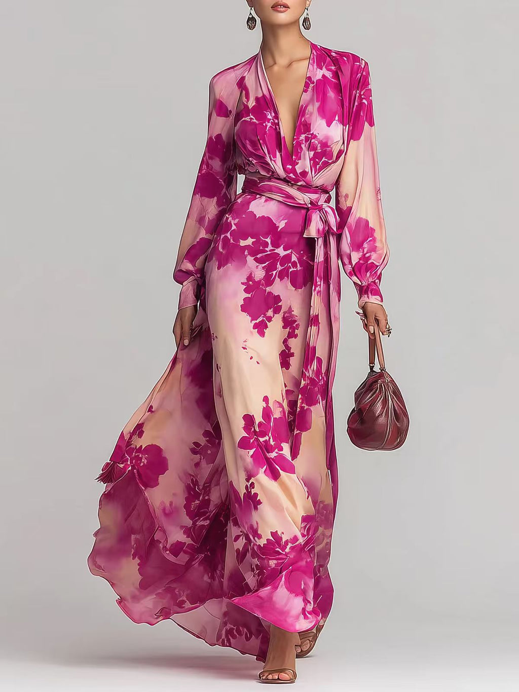 Printed Chiffon Long Sleeve V-Neck Tie-Up Dress Elegant Chic Spring New Long Dress
