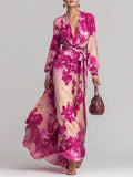 Printed Chiffon Long Sleeve V-Neck Tie-Up Dress Elegant Chic Spring New Long Dress