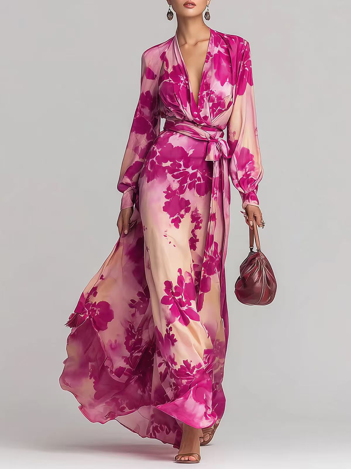 Printed Chiffon Long Sleeve V-Neck Tie-Up Dress Elegant Chic Spring New Long Dress