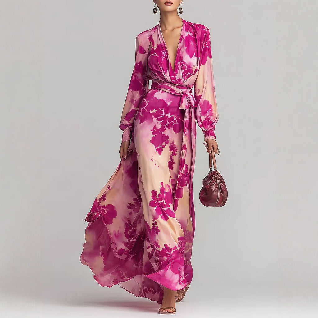 Printed Chiffon Long Sleeve V-Neck Tie-Up Dress Elegant Chic Spring New Long Dress