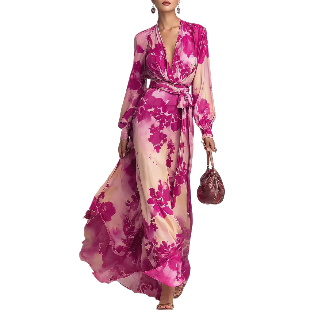 Printed Chiffon Long Sleeve V-Neck Tie-Up Dress Elegant Chic Spring New Long Dress