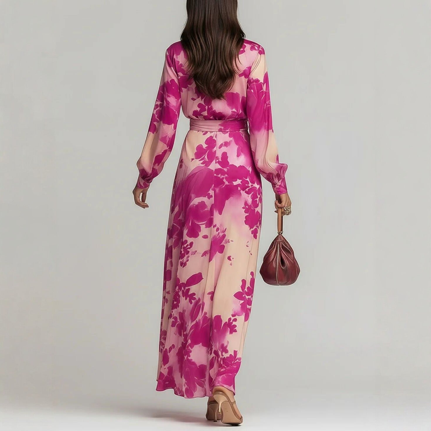 Printed Chiffon Long Sleeve V-Neck Tie-Up Dress Elegant Chic Spring New Long Dress